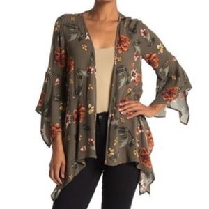 Blu Pepper Floral Open Front Kimono. Green. Medium